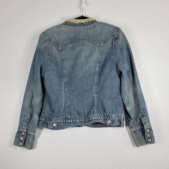 GAP Denim Trucker Jacket Women Medium Sherpa Lined Snap Button Pockets Blue - Picture 7 of 12